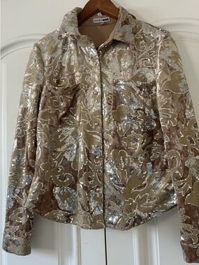 Fashion Nova Beige Velvet Sequin Floral Button-Up Jacket